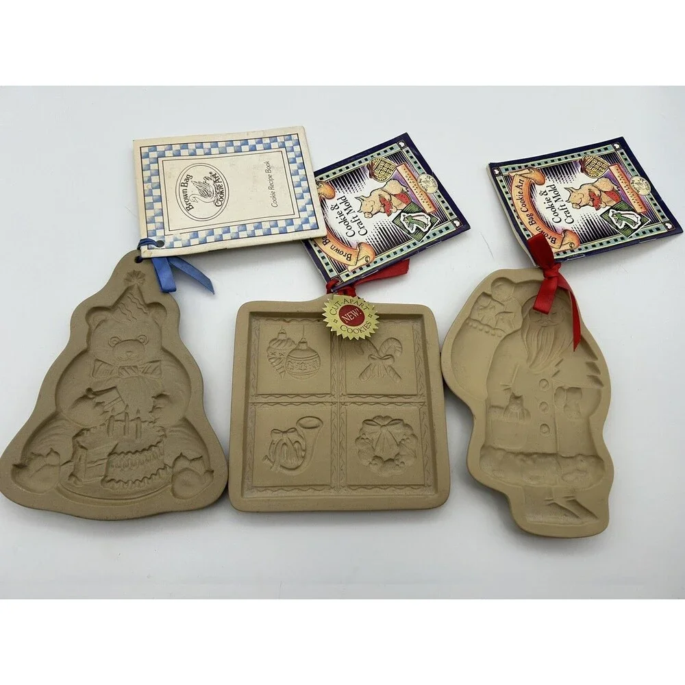3-Brown Bag Cookie Art and Craft Molds 1983, 1989 and 1997 Christmas Molds